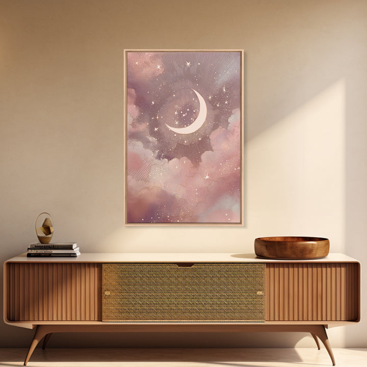 Crescent Moon And Starry Pink Clouds Wall Art, Celestial Canvas Print, Whimsigoth Bedroom Decor, Mystical Nursery Art, Gift For Her