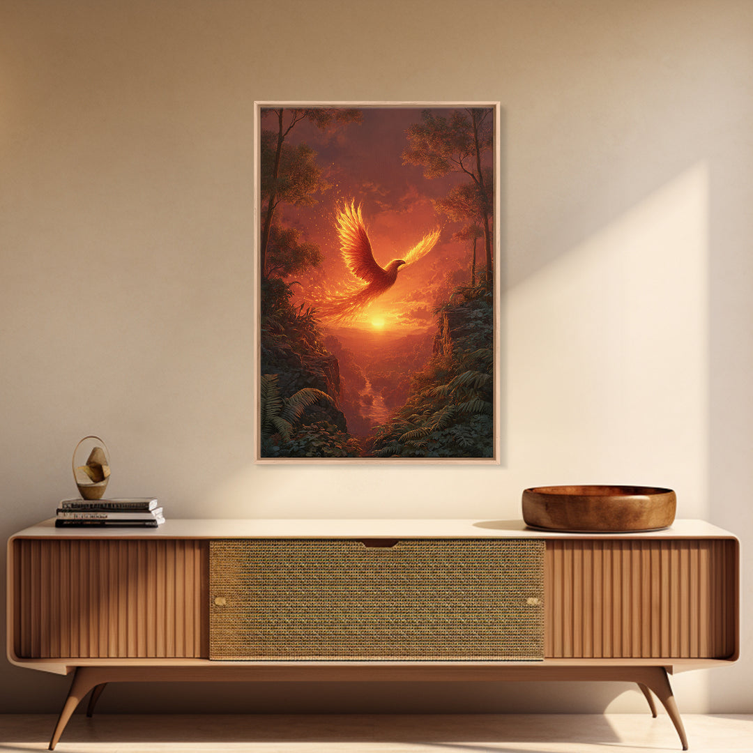 Fiery Phoenix Soaring Over Sunset Canyon Canvas Print, Fantasy Bird Wall Art, Dramatic Orange Home Decor, Mythical Artwork