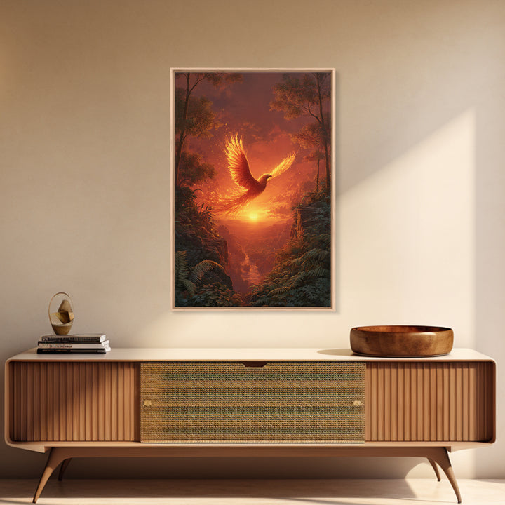 Fiery Phoenix Soaring Over Sunset Canyon Canvas Print, Fantasy Bird Wall Art, Dramatic Orange Home Decor, Mythical Artwork