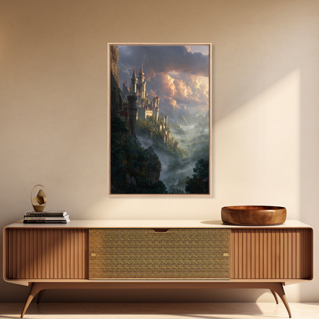 Misty Cliffside Castle Above Enchanted Valley Framed Canvas Print, Fantasy Wall Art, Medieval Landscape Home Decor, Dramatic Cloud Art