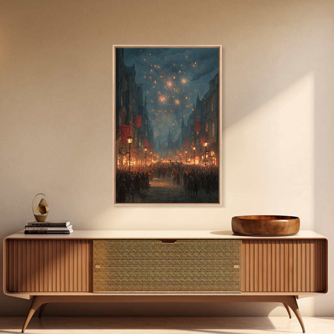 Medieval Festival Street With Fireworks Wall Art, Fantasy City Canvas, Dark Academia Decor, Gothic Town Celebration Print