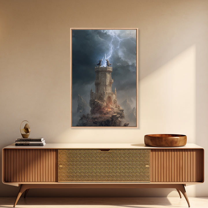 Lightning Strikes Wizard Tower On Stormy Peak Framed Canvas Print, Fantasy Wall Art, Dark Gothic Decor, Magical Castle Art