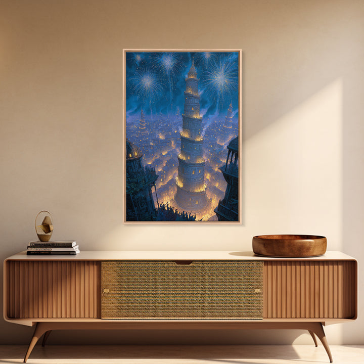 Blue Fireworks Over Magical City Tower Canvas Print, Fantasy Wall Art, Medieval Celebration Decor, Enchanted Skyline Art