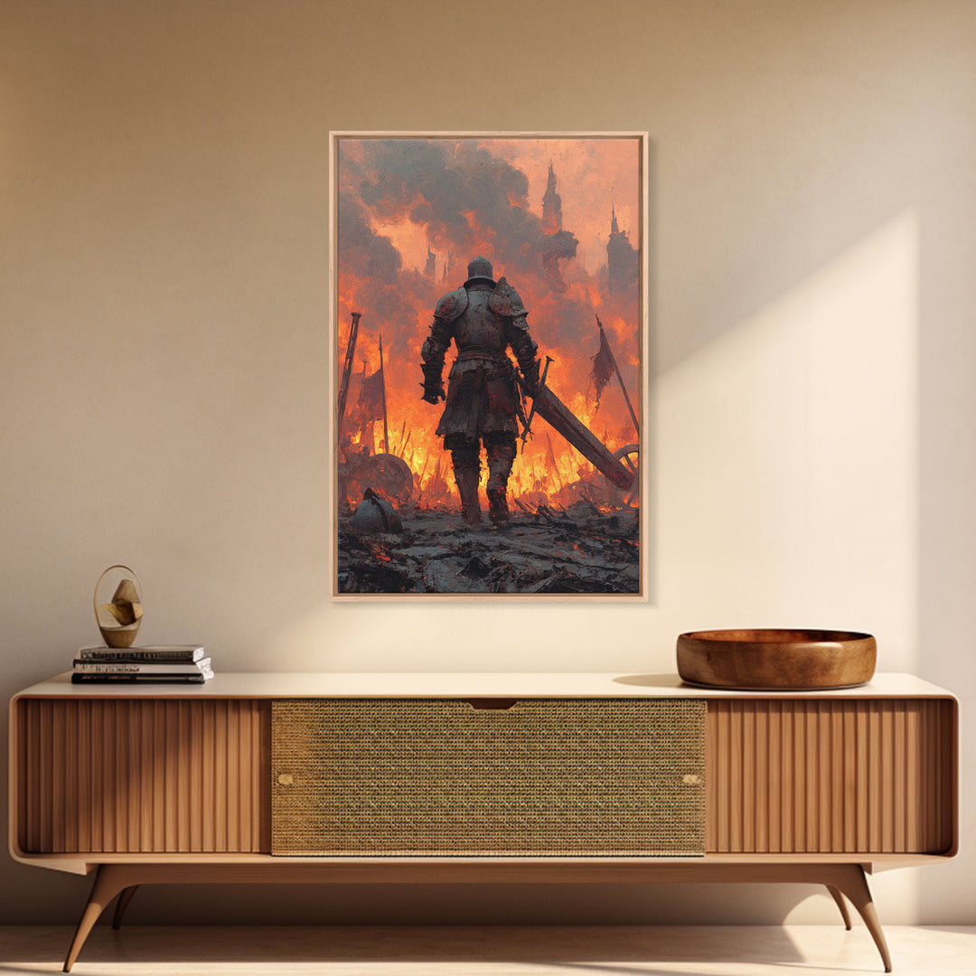 Armored Knight Walking Through Burning Battlefield Wall Art, Dark Fantasy Canvas, Medieval Warrior Decor, Dramatic Fire Art Print