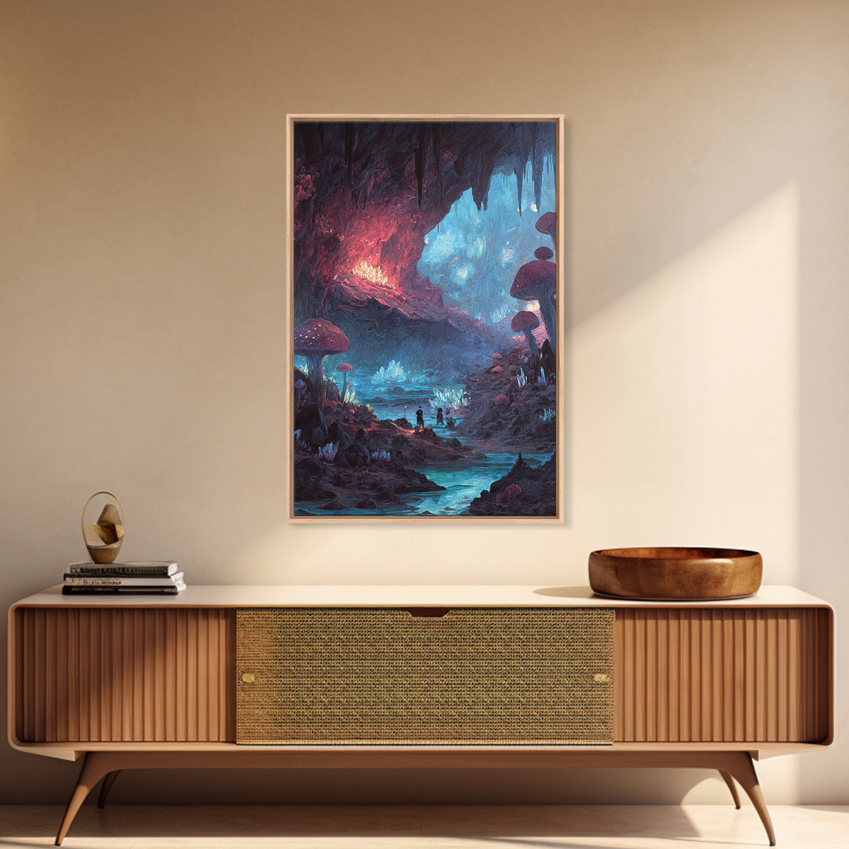 Glowing Mushroom Cave With Crystal River Wall Art, Fantasy Landscape Canvas, Whimsical Fairycore Decor, Magical Forest Print