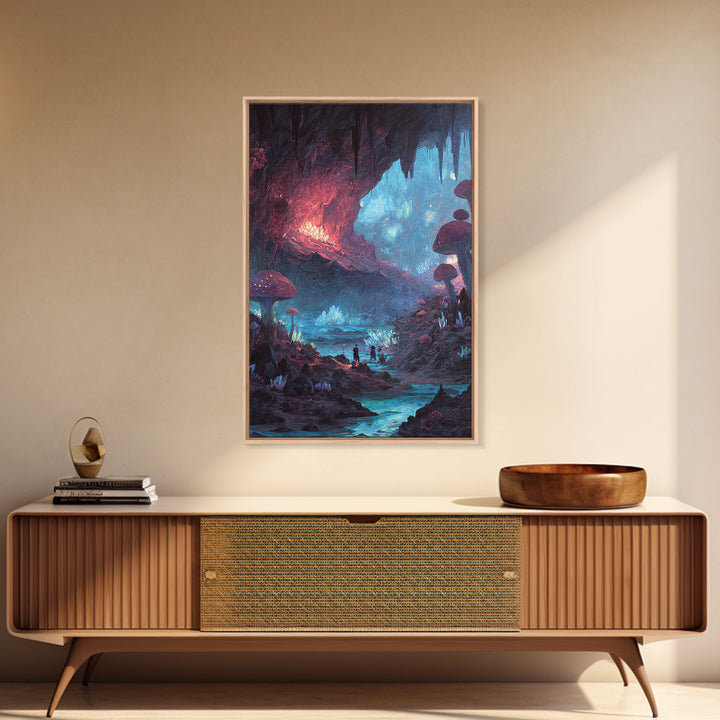 Glowing Mushroom Cave With Crystal River Wall Art, Fantasy Landscape Canvas, Whimsical Fairycore Decor, Magical Forest Print