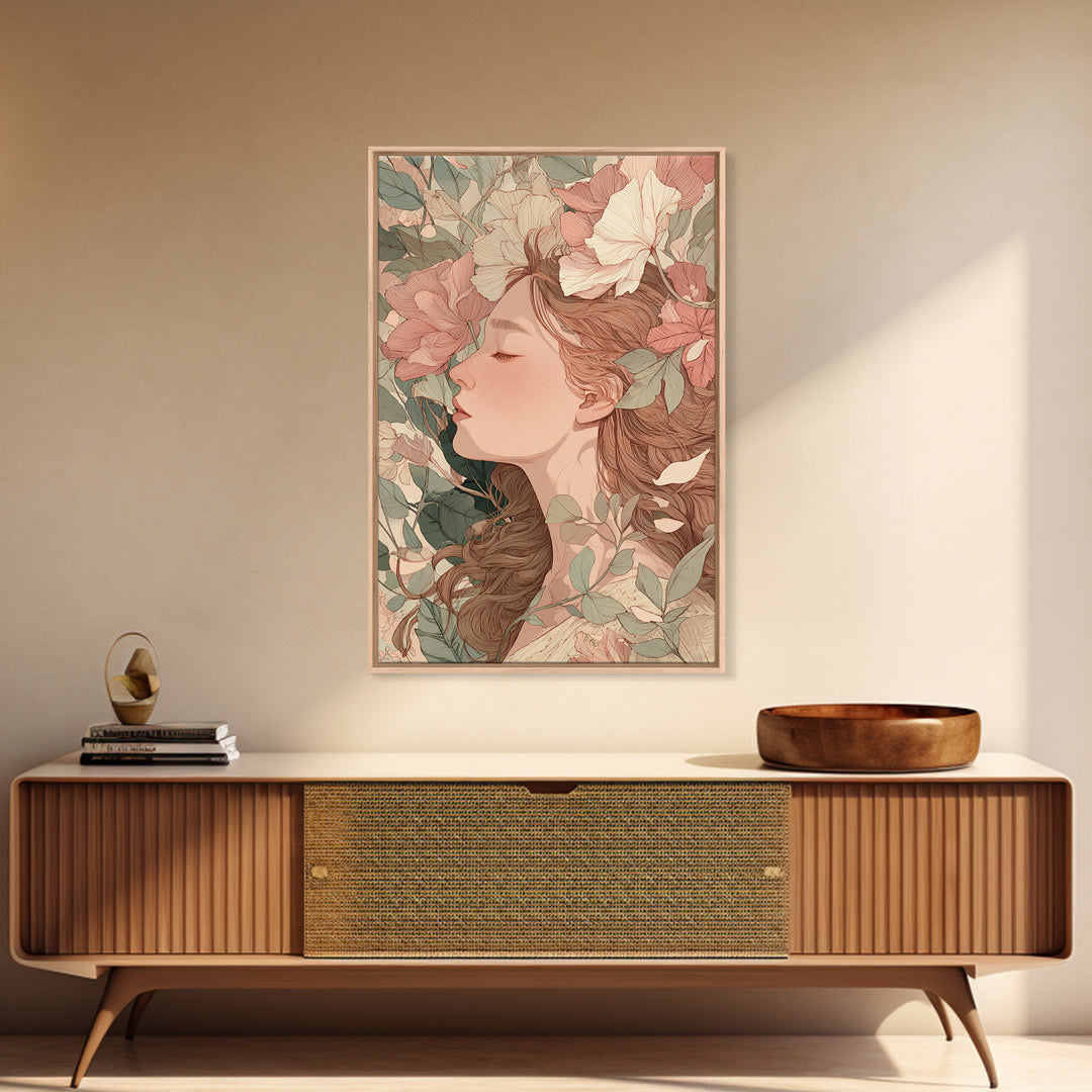 Sleeping Floral Woman Portrait Canvas Print, Art Nouveau Wall Art, Feminine Botanical Decor, Romantic Bedroom Art, Gift For Her