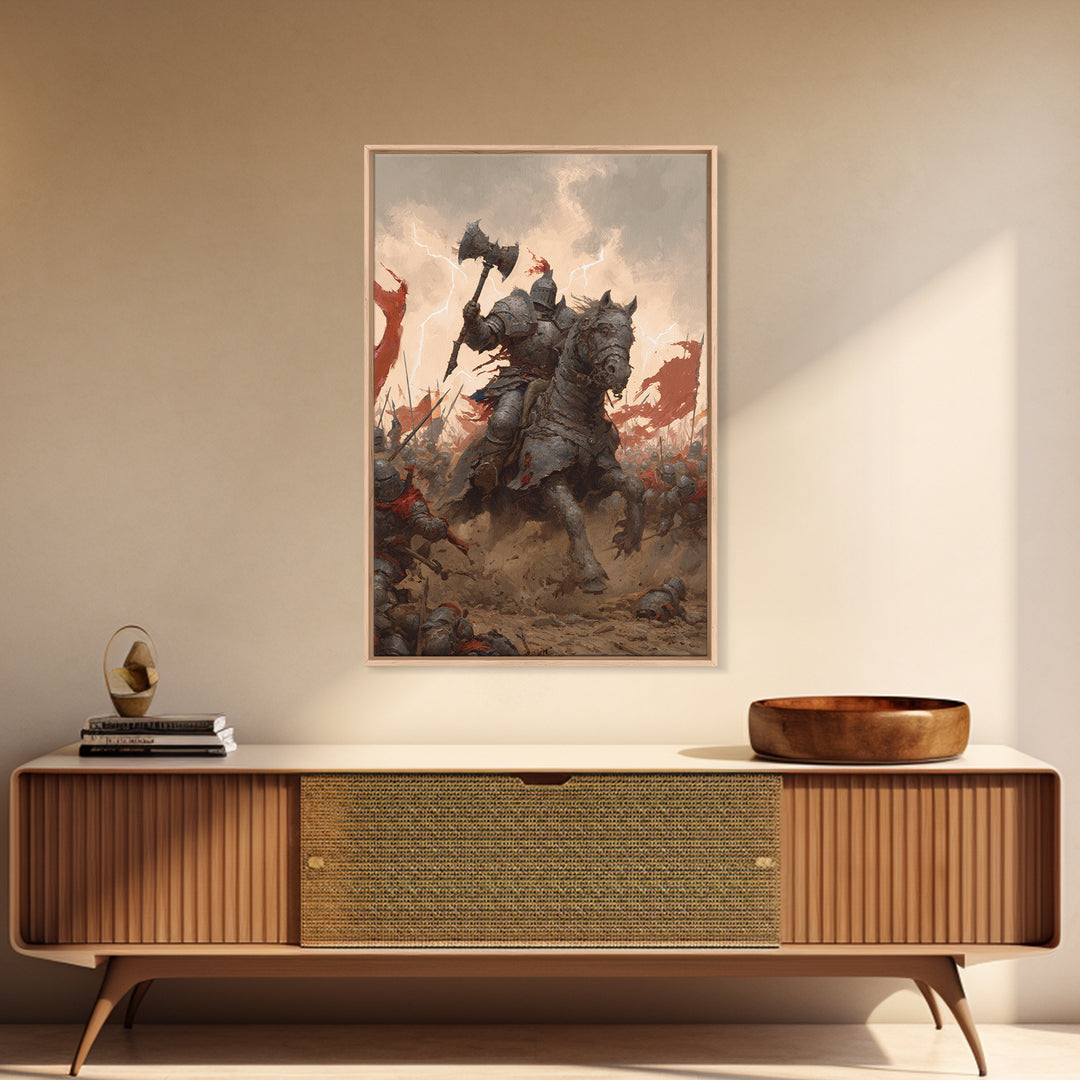 Armored Knight On War Horse With Battle Axe Wall Art, Dark Fantasy Canvas Print, Medieval Warrior Living Room Decor Gift