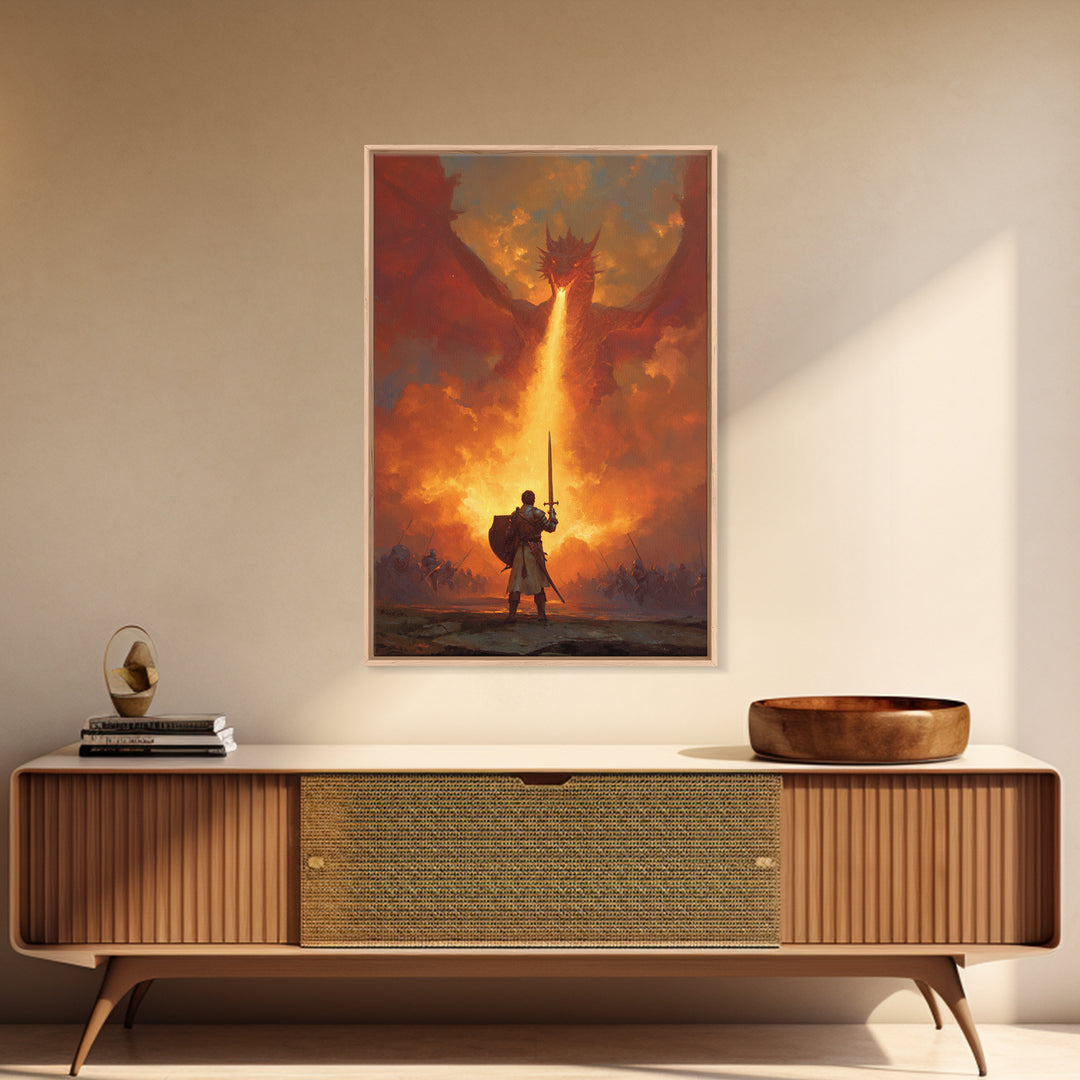 Lone Swordsman Facing Fire Breathing Red Dragon Wall Art, Epic Fantasy Canvas Print, Medieval Battle Living Room Decor Gift