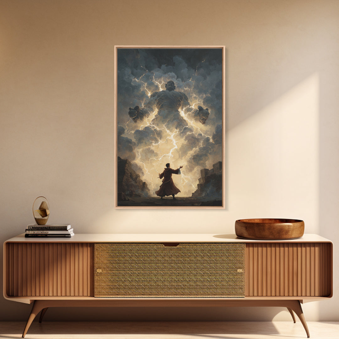 Storm Wizard Summoning Lightning Cloud Giant Wall Art, Dark Fantasy Canvas Print, Mythological Magic Office Decor Gift For Him