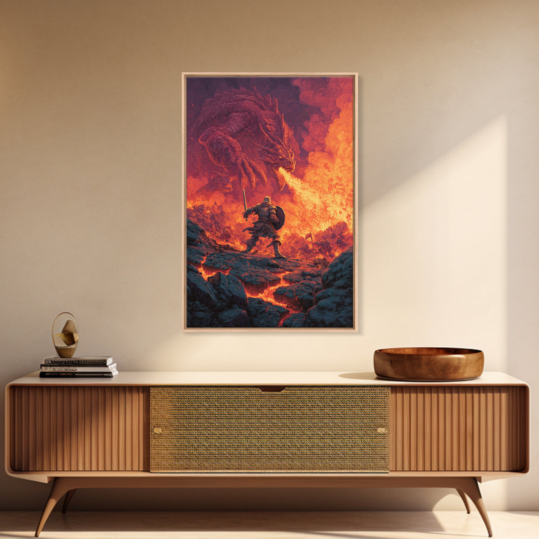 Knight Charging Through Lava Toward Fire Dragon Wall Art, Dark Fantasy Framed Canvas Print, Medieval Battle Game Room Decor