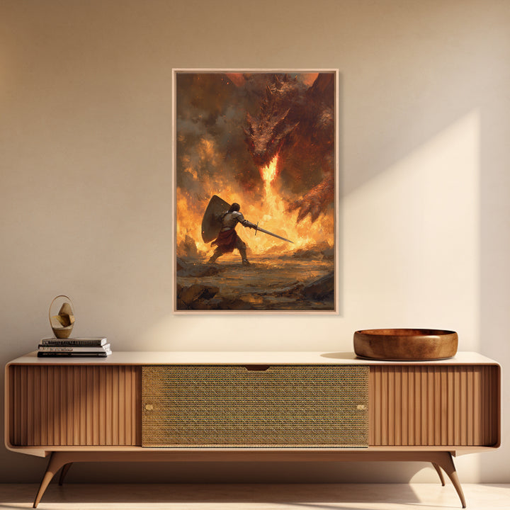 Shield Warrior Defies Fire Breathing Dragon Canvas Print, Epic Fantasy Wall Art, Medieval Sword Battle Home Decor Gift For Him
