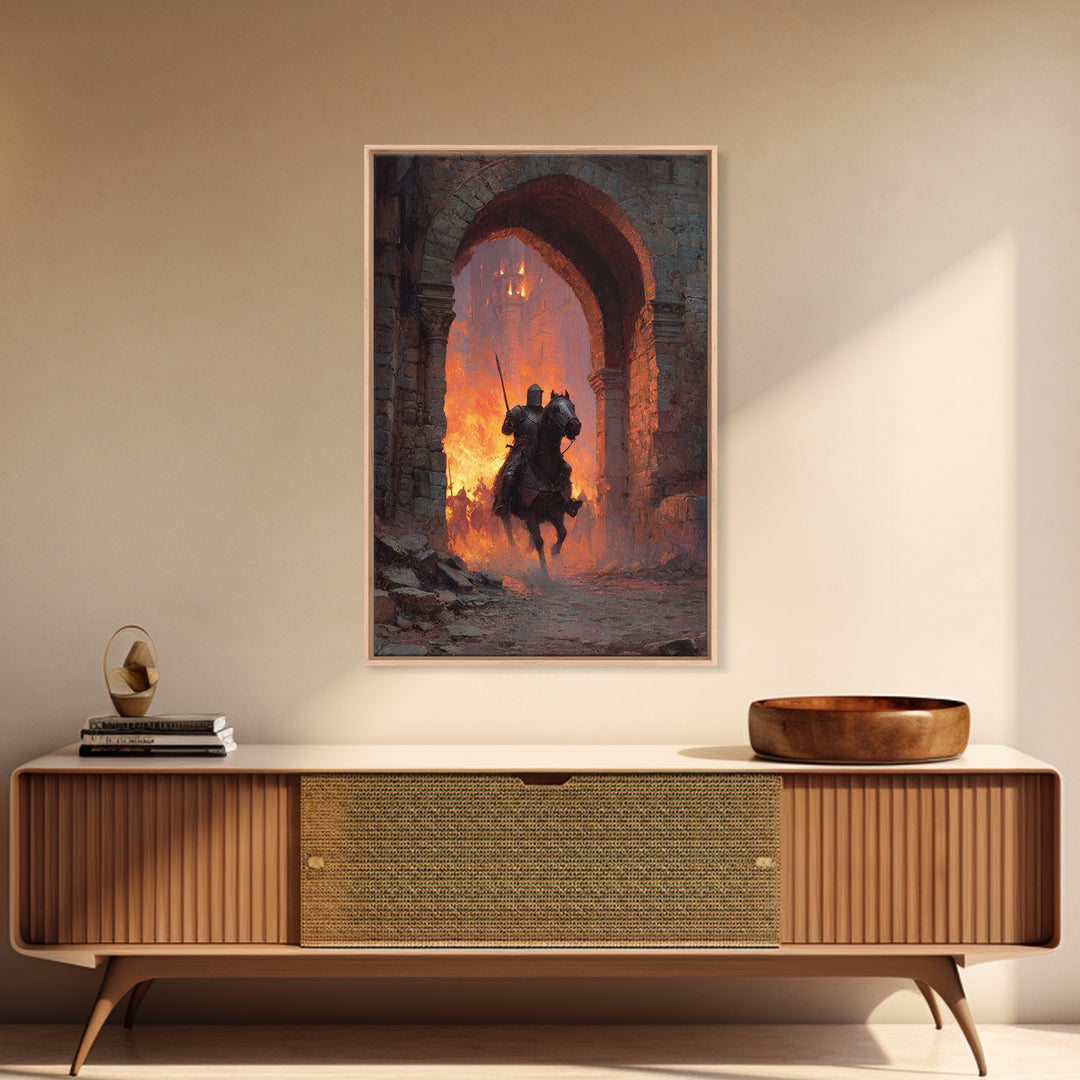 Mounted Knight Riding Through Burning Stone Arch Wall Art, Dark Fantasy Framed Canvas Print, Medieval Castle Home Decor Gift