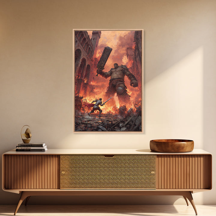 Knight Fighting Giant Ogre In Burning City Wall Art, Dark Fantasy Canvas Print, Medieval Monster Battle Game Room Decor Gift