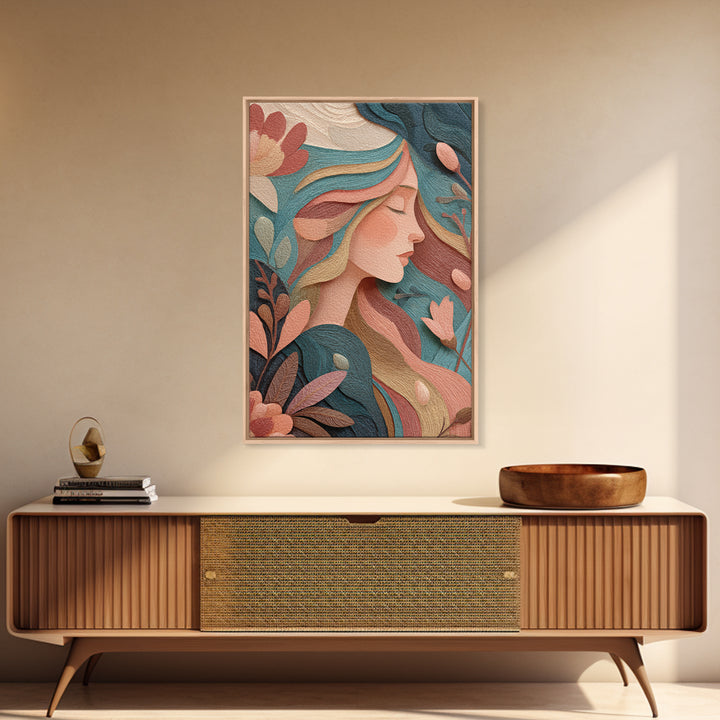 Art Nouveau Floral Woman Portrait Wall Art, Feminine Boho Canvas, Teal Peach Bedroom Decor, Elegant Gift For Her, Modern Home Decor