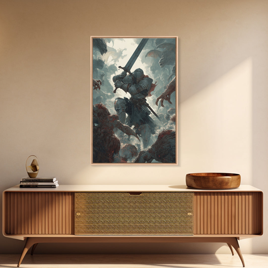 Armored Knight Battling Monsters Wall Art, Dark Fantasy Canvas Wall Decor, Gothic Warrior Artwork, Medieval Game Room Decor