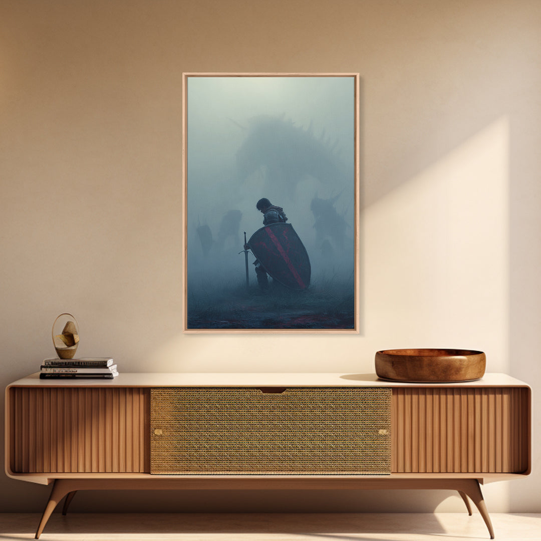Kneeling Knight In Mist Wall Art, Dark Fantasy Dragon Print, Medieval Warrior Decor, Moody Gothic Living Room Artwork Gift