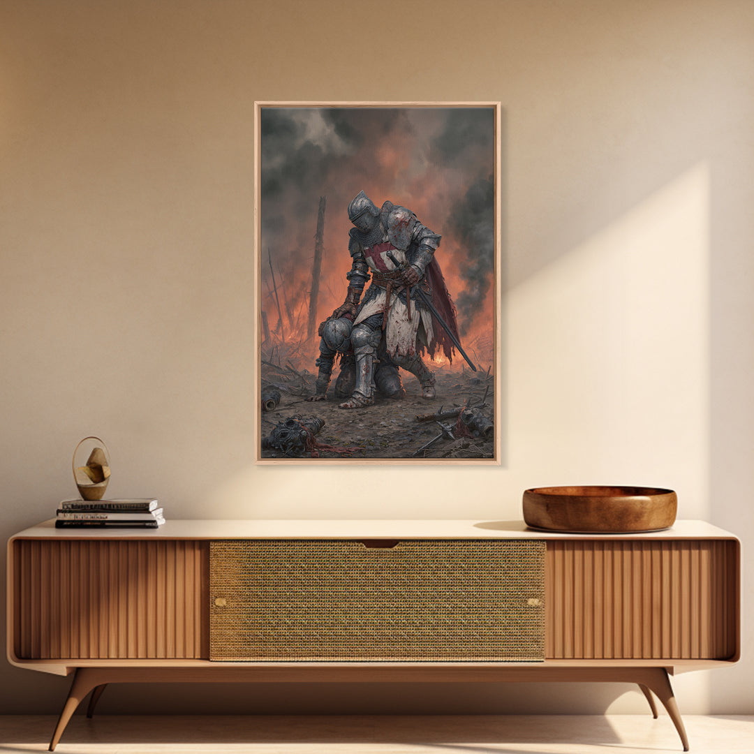 Wounded Knight In Burning Battlefield Wall Art, Dark Fantasy Medieval Canvas Decor, Gothic Warrior Print, Moody Office Artwork