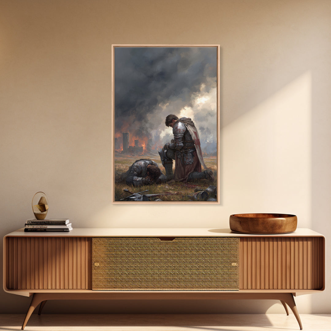 Grieving Knight Beside Fallen Soldier Wall Art, Dark Fantasy Medieval Print, Gothic Battle Decor, Moody Living Room Artwork