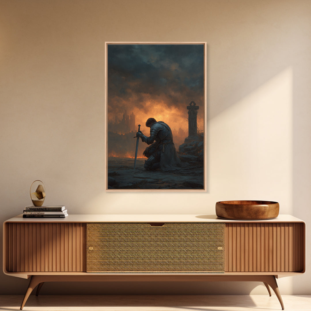 Lone Knight Kneeling At Sword Canvas Print, Dark Fantasy Medieval Wall Decor, Gothic Castle Ruins, Moody Office Art, Statement Artwork