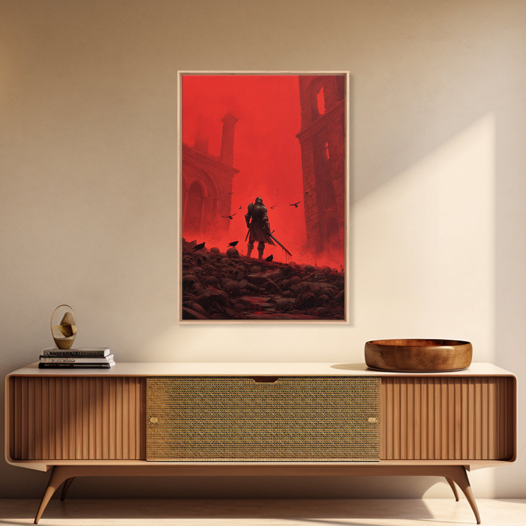 Knight In Crimson Ruins Wall Art, Dark Fantasy Red Gothic Print, Medieval Warrior Decor, Crows And Skulls, Bold Wall Decor