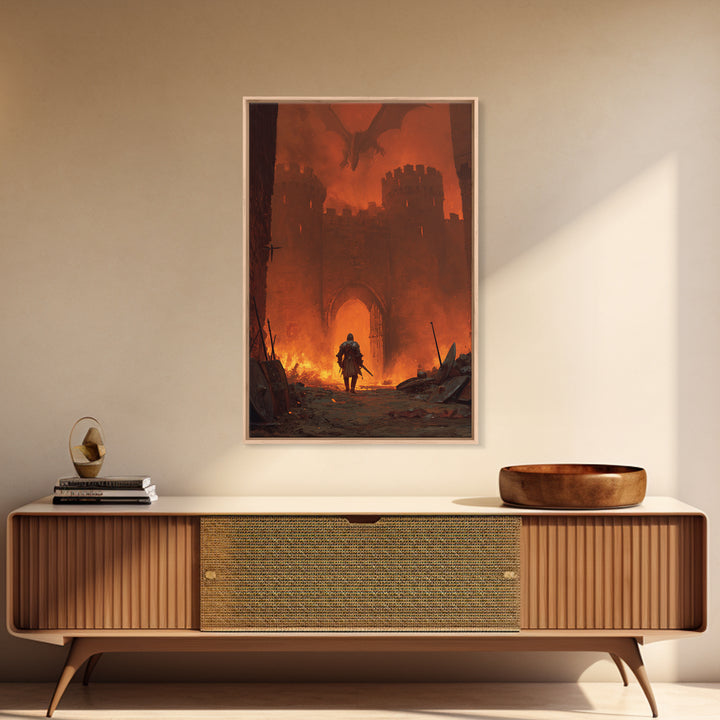 Knight At Burning Castle Gate Wall Art, Dark Fantasy Dragon Print, Medieval Warrior Decor, Gothic Game Room Artwork Gift