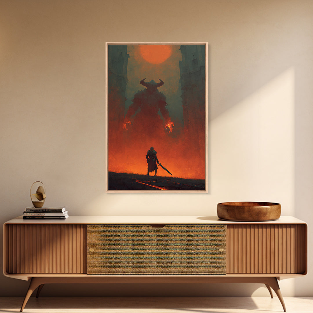 Knight Facing Horned Demon Canvas Print, Dark Fantasy Red Moon Wall Decor, Gothic Monster Art, Epic Game Room Artwork Gift