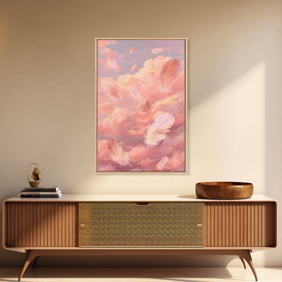 Pink Feather Cloud Canvas Print, Dreamy Celestial Sky Art, Pastel Nursery Decor, Whimsical Bedroom Wall Decor Gift For Her