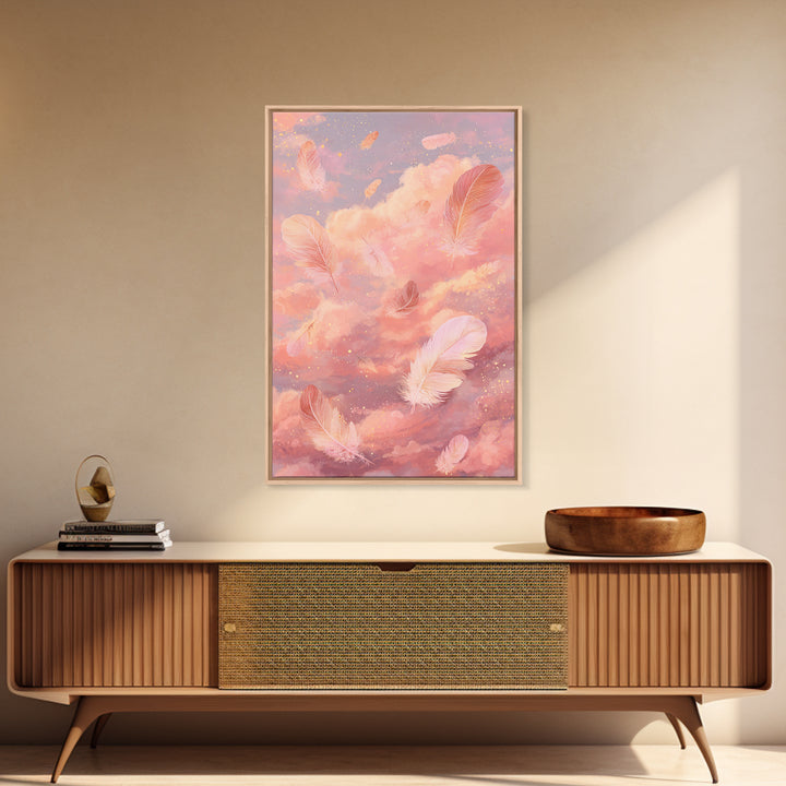 Pink Feather Cloud Canvas Print, Dreamy Celestial Sky Art, Pastel Nursery Decor, Whimsical Bedroom Wall Decor Gift For Her