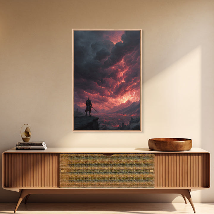 Lone Warrior Under Crimson Lightning Storm Wall Art, Dark Fantasy Landscape, Medieval Castle Decor, Dramatic Gothic Poster