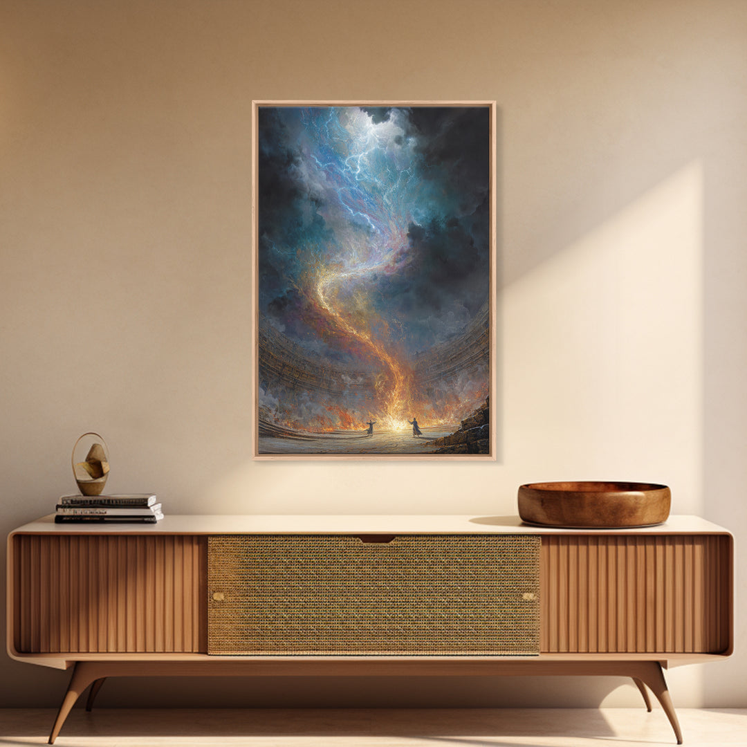 Celestial Firestorm Vortex In Ancient Arena Canvas Print, Epic Fantasy Wall Art, Cosmic Lightning Decor, Dramatic Poster
