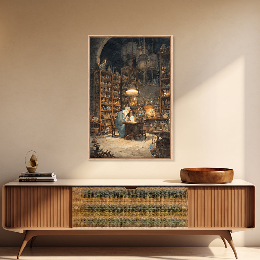Moonlit Alchemist Workshop With Glowing Orb Wall Art, Dark Academia Decor, Fantasy Library Print, Whimsical Office Poster