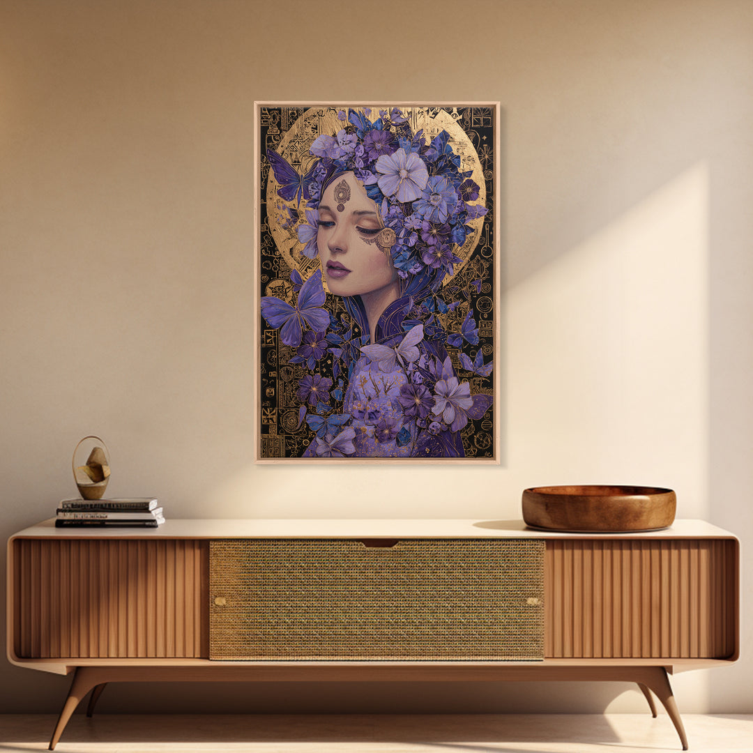 Purple Floral Goddess Portrait Wall Art, Art Nouveau Butterfly Decor, Feminine Celestial Canvas Print, Gift For Her, Boho Wall Decor