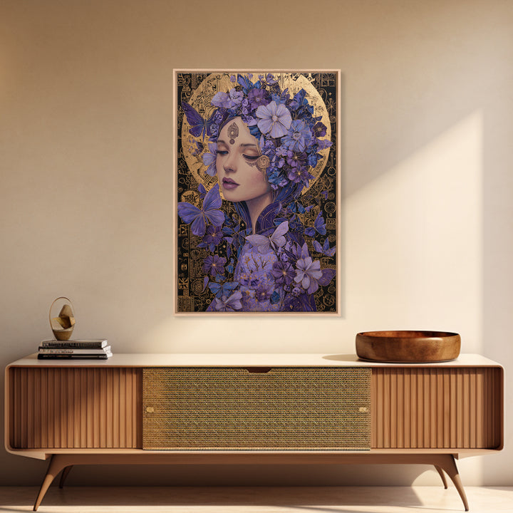 Purple Floral Goddess Portrait Wall Art, Art Nouveau Butterfly Decor, Feminine Celestial Canvas Print, Gift For Her, Boho Wall Decor