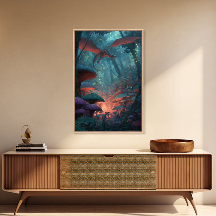 Red Dragon In Glowing Mushroom Forest Canvas Print, Enchanted Fantasy Wall Art, Woodland Nursery Decor, Magical Poster, Kids Room Art