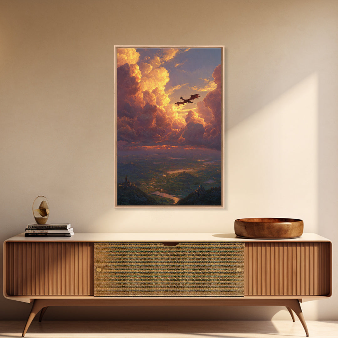 Dragon Flying Through Golden Sunset Clouds Wall Art, Epic Fantasy Landscape, Castle Valley Decor, Large Canvas Print, Gift For Him