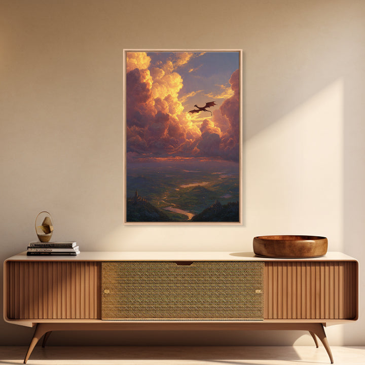 Dragon Flying Through Golden Sunset Clouds Wall Art, Epic Fantasy Landscape, Castle Valley Decor, Large Canvas Print, Gift For Him