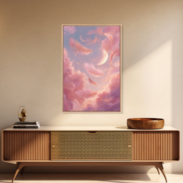 Crescent Moon Feather Wall Art, Pink Cloud Celestial Canvas, Dreamy Nursery Decor, Whimsical Bedroom Print Gift For Her, Pastel Decor