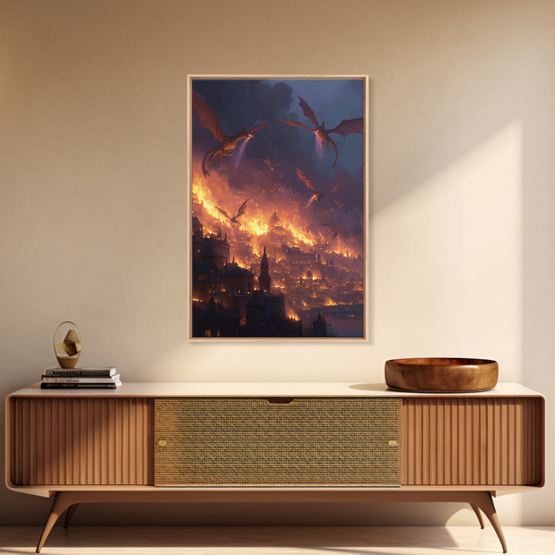 Burning Dragon Siege Over Medieval City Wall Art, Dark Fantasy Canvas Print, Gothic Castle Decor, Epic Fire Dragon Artwork