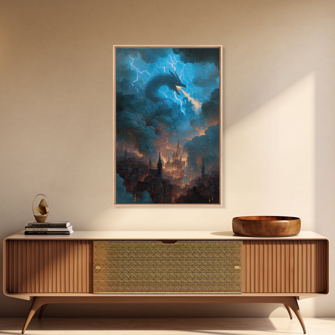 Storm Dragon Above Smoky Gothic City Wall Art, Electric Blue Fantasy Canvas Print, Dark Academia Decor, Epic Monster Artwork