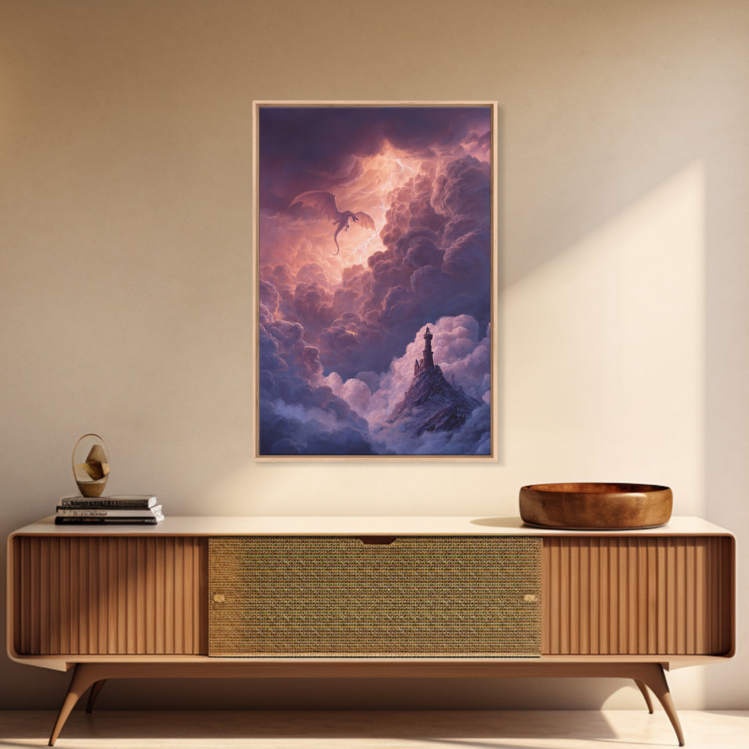 Dragon Flying Through Thunderclouds Framed Canvas Print, Fantasy Wall Art, Moody Sky Landscape, Castle Tower Decor, Epic Fantasy Gift