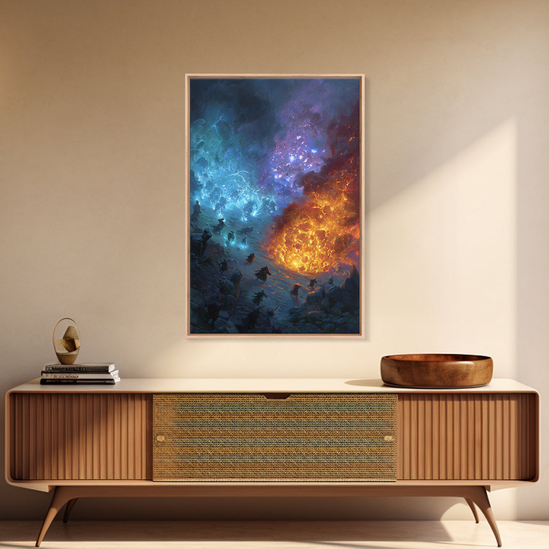 Elemental Fire And Ice Battle Wall Art, Epic Fantasy Canvas Print, Surreal Magic Landscape, Dramatic Warrior Decor, Adventure Artwork