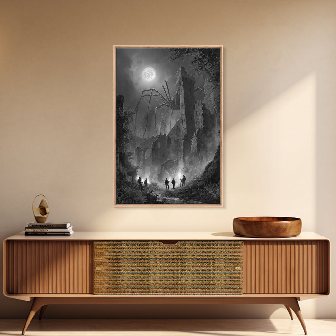 Giant Spider Haunting Moonlit Ruins Wall Art, Black And White Framed Canvas Print, Gothic Horror Decor, Creepy Fantasy Art