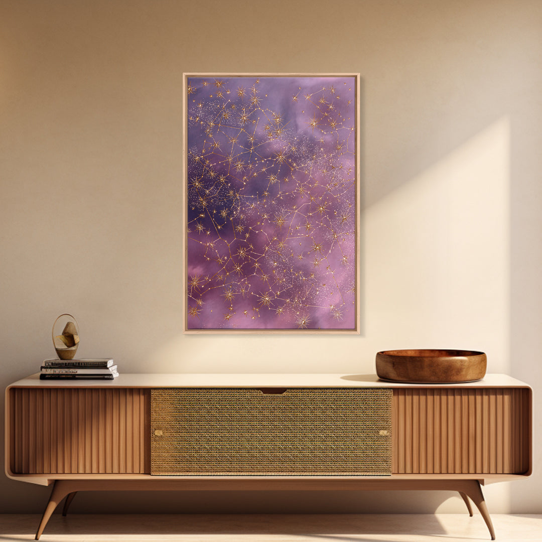 Gold Constellation Wall Art, Purple Astrology Sky Canvas, Celestial Zodiac Decor, Mystical Star Map Print For Bedroom Decor