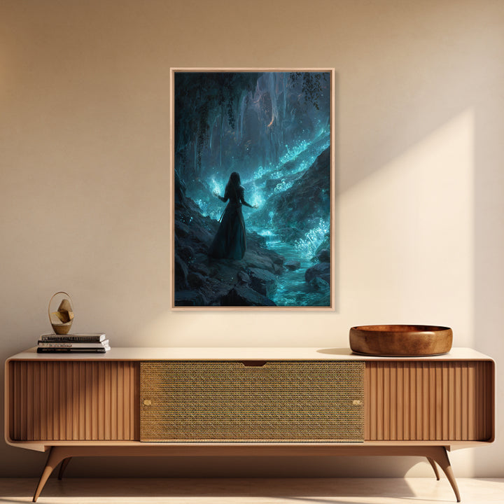 Glowing Crystal Cavern Sorceress Wall Art, Fantasy Art Print, Mystical Blue Cave Decor, Witchy Home Decor Gift For Her, Room Decor