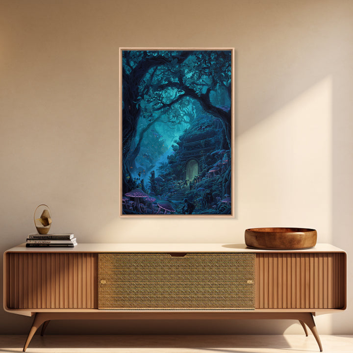 Enchanted Blue Forest Door Framed Canvas Print, Mushroom Wall Art, Fantasy Woodland Decor, Magical Library Art Print, Gift For Her