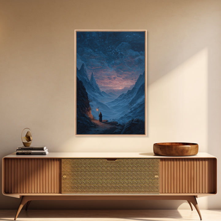 Starry Mountain Valley Pilgrim Wall Art, Fantasy Landscape Canvas Print, Celestial Night Sky Decor, Moody Blue Art Print