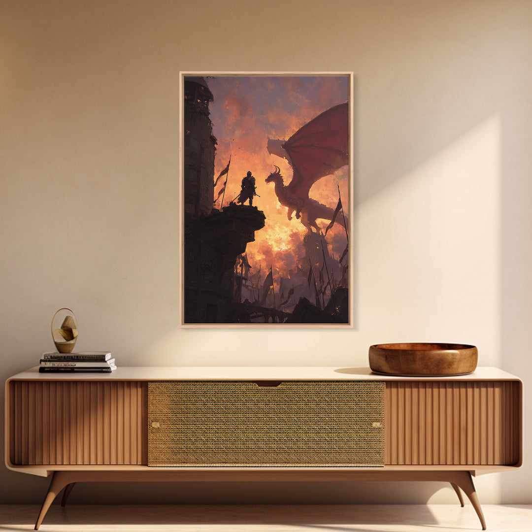 Knight Facing Red Dragon Wall Art, Epic Fantasy Canvas Print, Medieval Castle Decor, Dragon Artwork Gift For Him, Living Room Decor