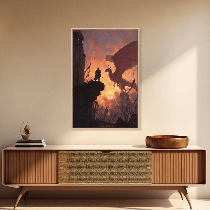 Knight Facing Red Dragon Wall Art, Epic Fantasy Canvas Print, Medieval Castle Decor, Dragon Artwork Gift For Him, Living Room Decor