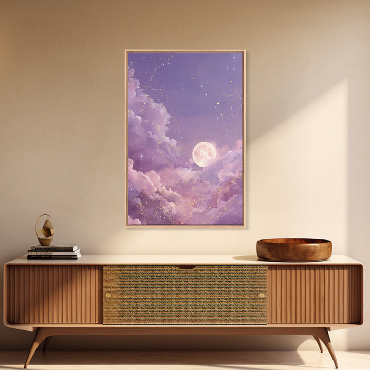 Full Moon Cloud Canvas Print, Lavender Celestial Sky Art, Zodiac Constellation Decor, Dreamy Nursery Wall Art For Bedroom